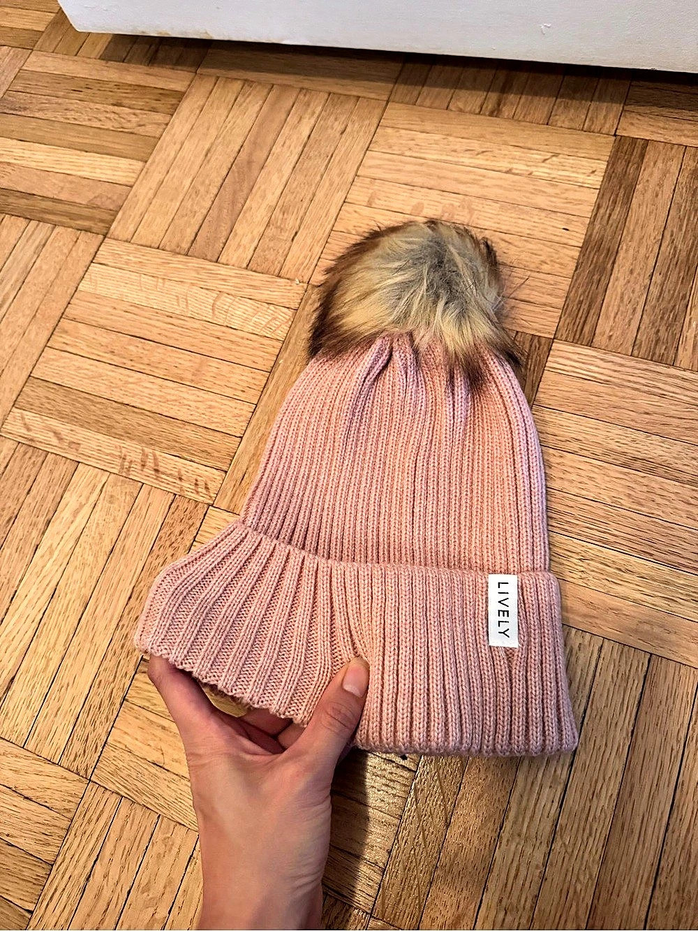 LIVELY Fur Pom Beanie in Pink NWT